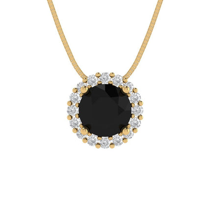 1.16 tcw Necklace Pendant - 14K White Gold Round Cut Halo Onyx - Adjustable Length - 15in Box Chain to 18in