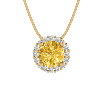 1.16 tcw Necklace Pendant - 14K White Gold Round Cut Halo Yellow - Adjustable Length - 15in Box Chain to 18in