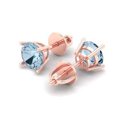 1 ctw Aquamarine Studs Earrings | 5.0mm Round Cut White Gold Screw back | March Birthstone