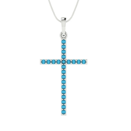 0.575 tcw Necklace Pendant - 14K White Gold Round Cut Charm Turquoise - Adjustable Length - 15in Box Chain to 18in
