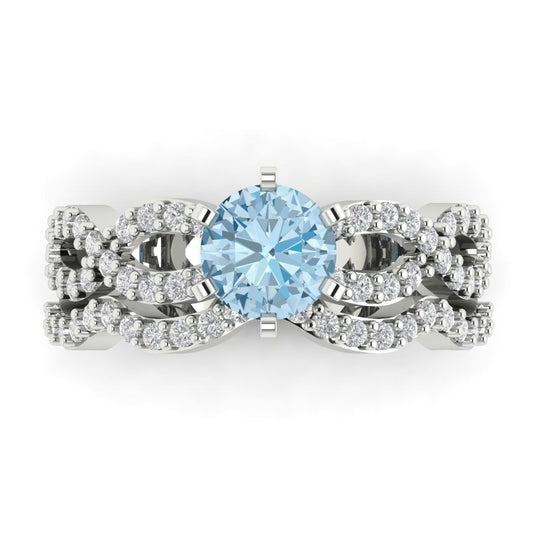 1.57 cttw Round Cut Natural Aquamarine Bridal Set - Solid White Gold  Engagement Ring & Wedding Band