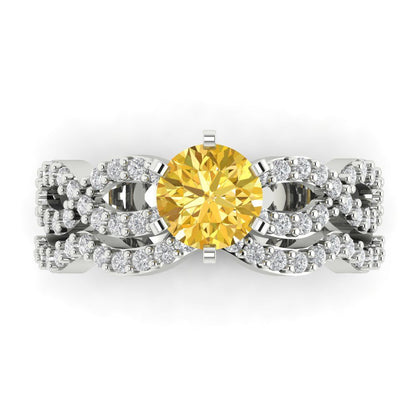 1.57 cttw Round Cut Natural Citrine Bridal Set - Solid White Gold  Engagement Ring & Wedding Band