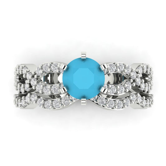 1.57 cttw Round Cut Simulated Turquoise Bridal Set - Solid White Gold  Engagement Ring & Wedding Band