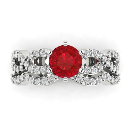 1.57 cttw Round Cut Simulated Ruby Bridal Set - Solid White Gold  Engagement Ring & Wedding Band