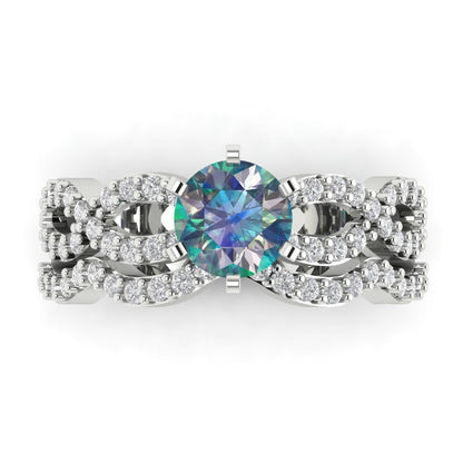 1.57 cttw Round Cut Blue Moissanite Bridal Set - Solid White Gold  Engagement Ring & Wedding Band