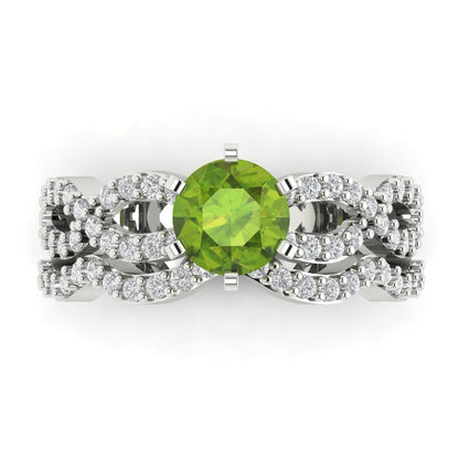 1.57 cttw Round Cut Natural Peridot Bridal Set - Solid White Gold  Engagement Ring & Wedding Band