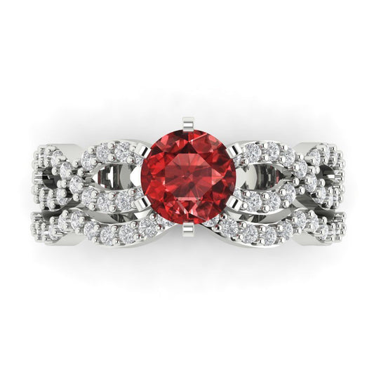 1.57 cttw Round Cut Natural Garnet Bridal Set - Solid White Gold  Engagement Ring & Wedding Band