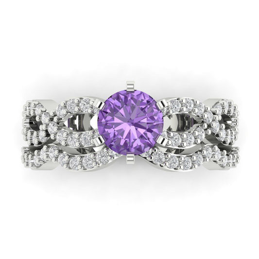 1.57 cttw Round Cut Simulated Alexandrite Bridal Set - Solid White Gold  Engagement Ring & Wedding Band