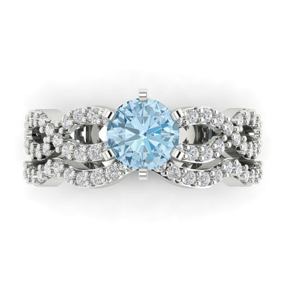 1.57 cttw Round Cut Natural Sky Blue Topaz Bridal Set - Solid White Gold  Engagement Ring & Wedding Band