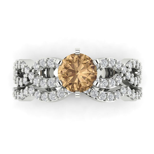 1.57 cttw Round Cut Simulated Champagne Diamond Bridal Set - Solid White Gold  Engagement Ring & Wedding Band