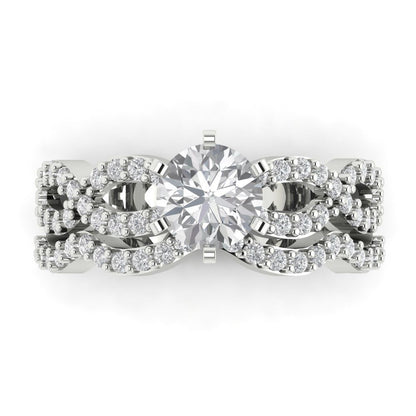 1.57 cttw Round Cut White Sapphire Bridal Set - Solid White Gold  Engagement Ring & Wedding Band