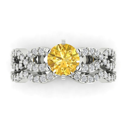 1.57 cttw Round Cut Simulated Yellow Diamond Bridal Set - Solid White Gold  Engagement Ring & Wedding Band