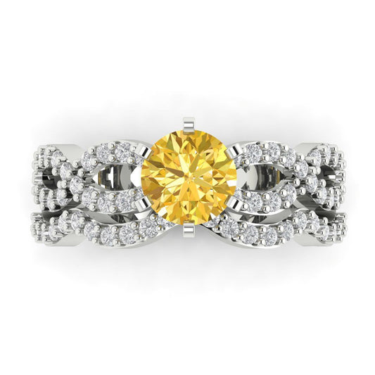 1.57 cttw Round Cut Simulated Yellow Diamond Bridal Set - Solid White Gold  Engagement Ring & Wedding Band