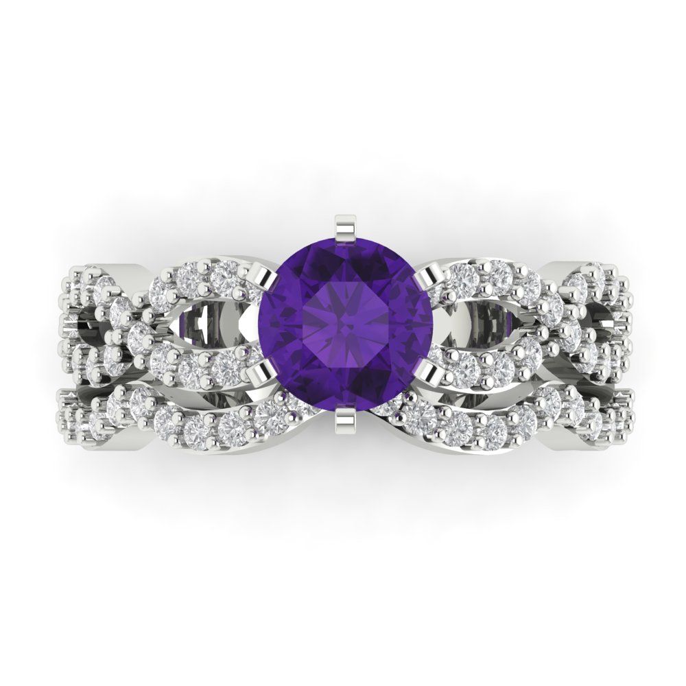 1.57 cttw Round Cut Natural Amethyst Bridal Set - Solid White Gold  Engagement Ring & Wedding Band