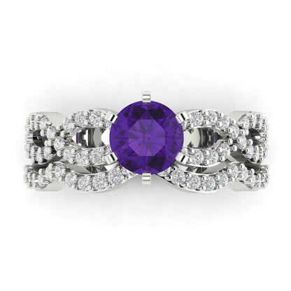 1.57 cttw Round Cut Natural Amethyst Bridal Set - Solid White Gold  Engagement Ring & Wedding Band
