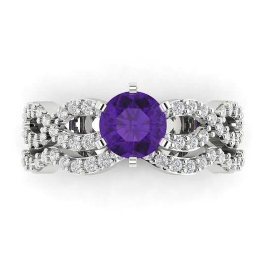 1.57 cttw Round Cut Natural Amethyst Bridal Set - Solid White Gold  Engagement Ring & Wedding Band