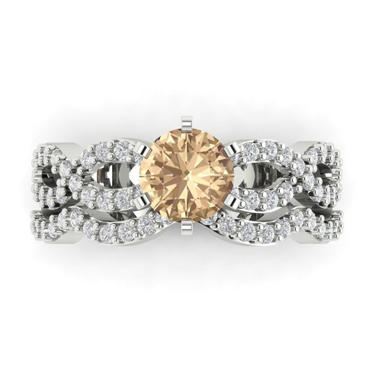 1.57 cttw Round Cut Yellow Moissanite Bridal Set - Solid White Gold  Engagement Ring & Wedding Band