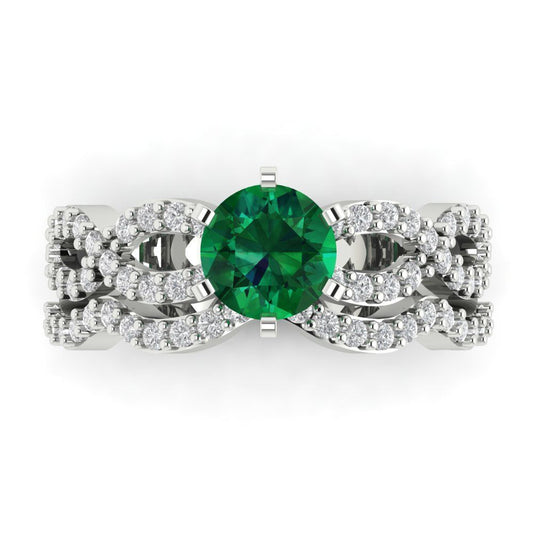 1.57 cttw Round Cut Simulated Emerald Bridal Set - Solid White Gold  Engagement Ring & Wedding Band