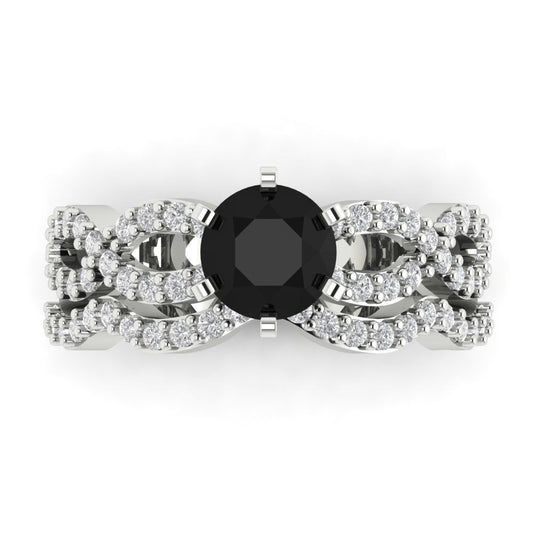 1.57 cttw Round Cut Natural Onyx Bridal Set - Solid White Gold  Engagement Ring & Wedding Band