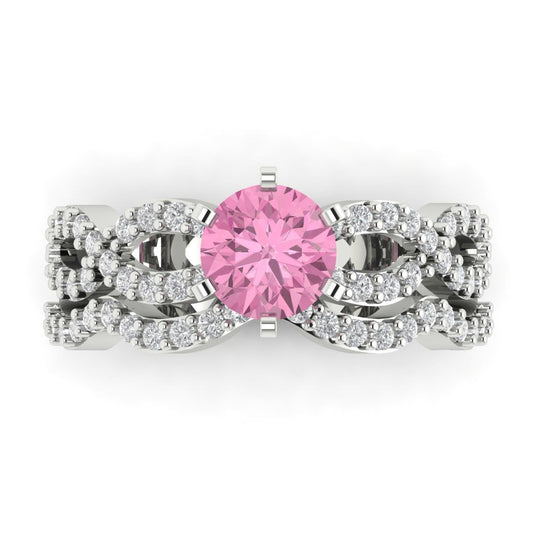 1.57 cttw Round Cut Simulated Pink Diamond Bridal Set - Solid White Gold  Engagement Ring & Wedding Band