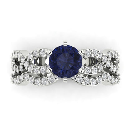 1.57 cttw Round Cut Simulated Blue Sapphire Bridal Set - Solid White Gold  Engagement Ring & Wedding Band