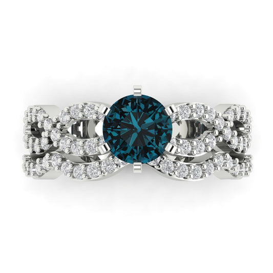 1.57 cttw Round Cut Natural London Blue Topaz Bridal Set - Solid White Gold  Engagement Ring & Wedding Band