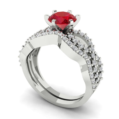 1.57 cttw Round Cut Simulated Pink Tourmaline Bridal Set - Solid White Gold  Engagement Ring & Wedding Band