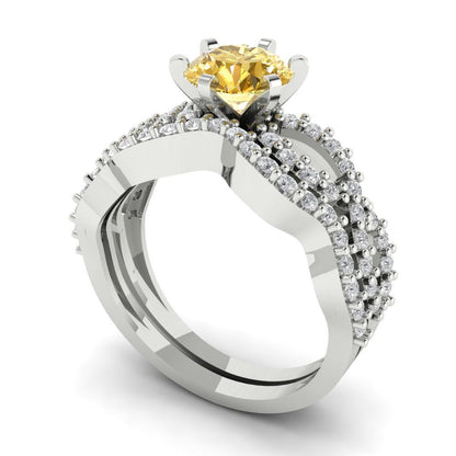 1.57 cttw Round Cut Simulated Yellow Diamond Bridal Set - Solid White Gold  Engagement Ring & Wedding Band