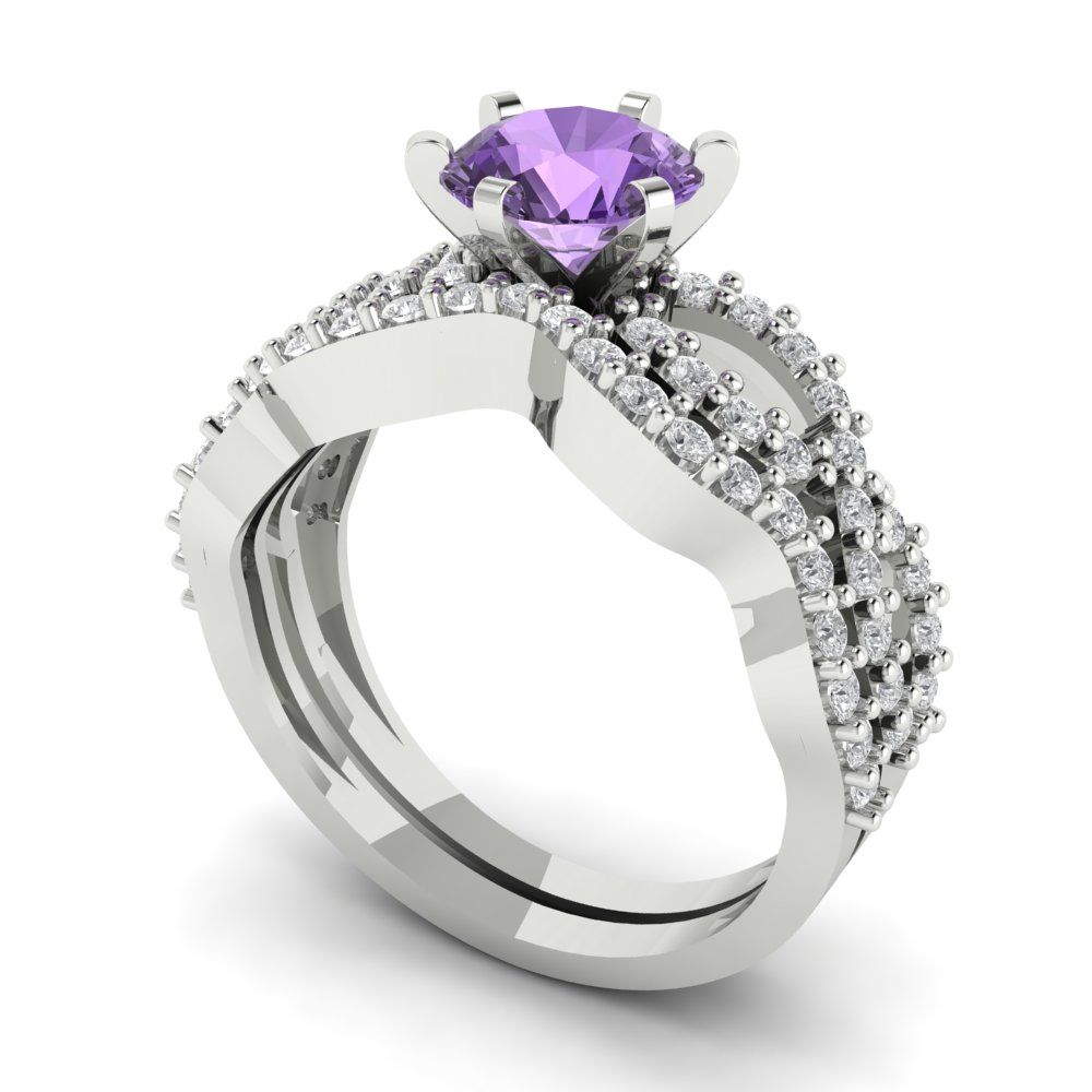 1.57 cttw Round Cut Simulated Alexandrite Bridal Set - Solid White Gold  Engagement Ring & Wedding Band