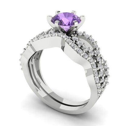 1.57 cttw Round Cut Simulated Alexandrite Bridal Set - Solid White Gold  Engagement Ring & Wedding Band