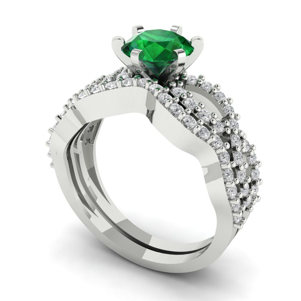 1.57 cttw Round Cut Simulated Emerald Bridal Set - Solid White Gold  Engagement Ring & Wedding Band