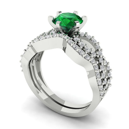 1.57 cttw Round Cut Simulated Emerald Bridal Set - Solid White Gold  Engagement Ring & Wedding Band