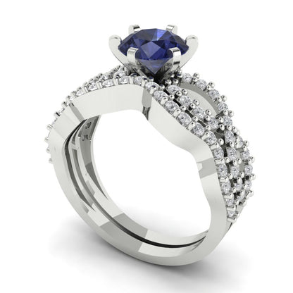 1.57 cttw Round Cut Simulated Blue Sapphire Bridal Set - Solid White Gold  Engagement Ring & Wedding Band
