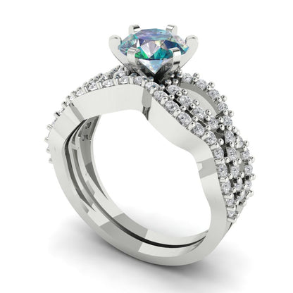 1.57 cttw Round Cut Blue Moissanite Bridal Set - Solid White Gold  Engagement Ring & Wedding Band