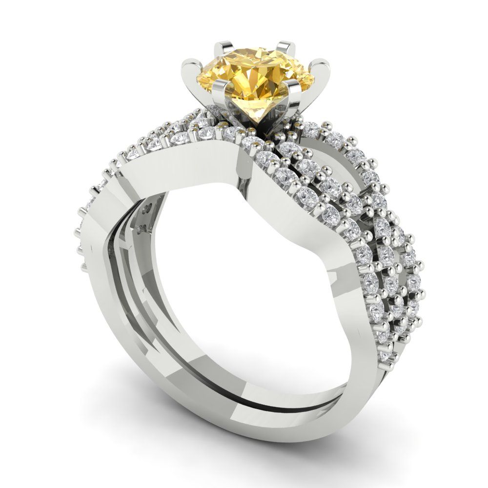 1.57 cttw Round Cut Natural Citrine Bridal Set - Solid White Gold  Engagement Ring & Wedding Band