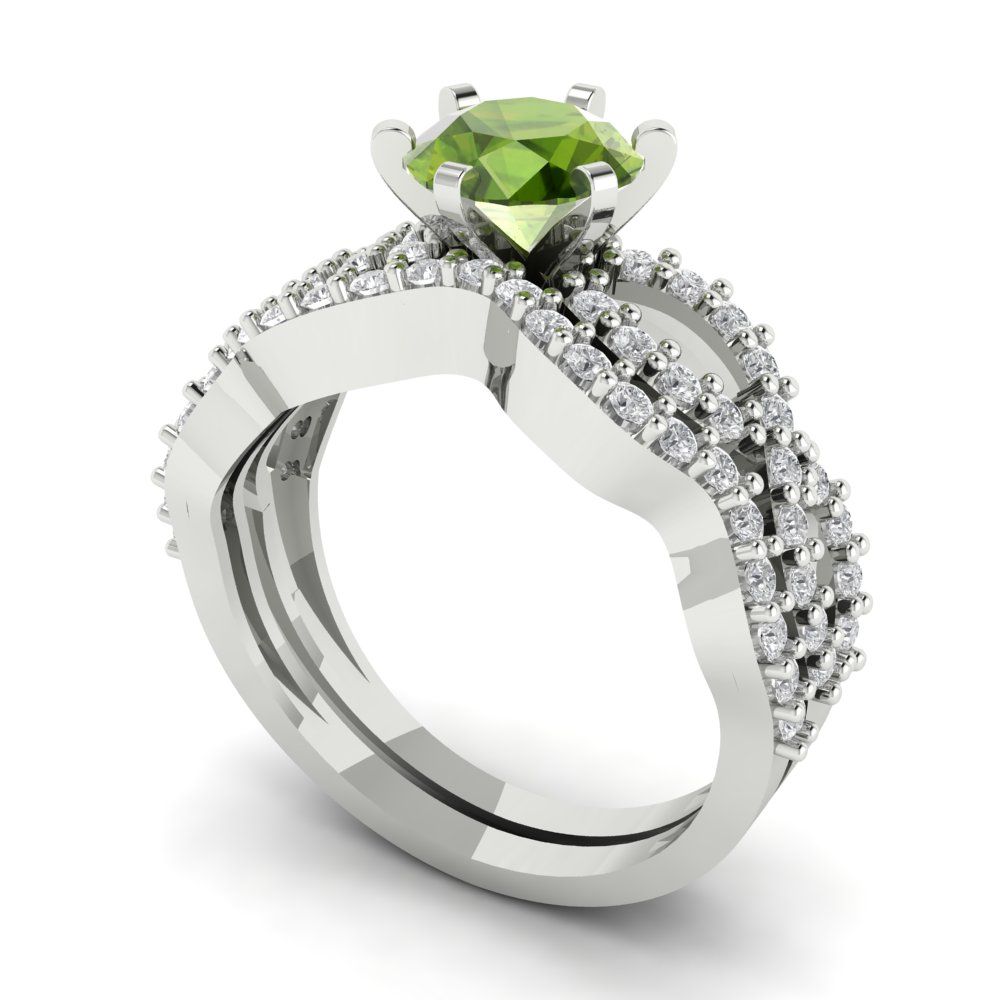 1.57 cttw Round Cut Natural Peridot Bridal Set - Solid White Gold  Engagement Ring & Wedding Band