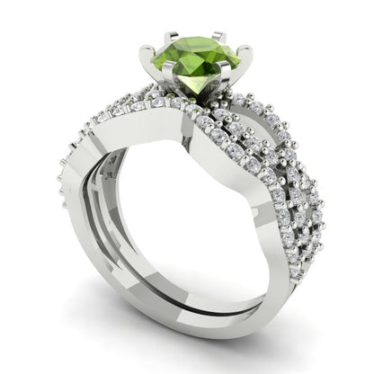 1.57 cttw Round Cut Natural Peridot Bridal Set - Solid White Gold  Engagement Ring & Wedding Band