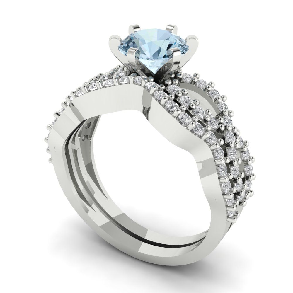 1.57 cttw Round Cut Natural Aquamarine Bridal Set - Solid White Gold  Engagement Ring & Wedding Band