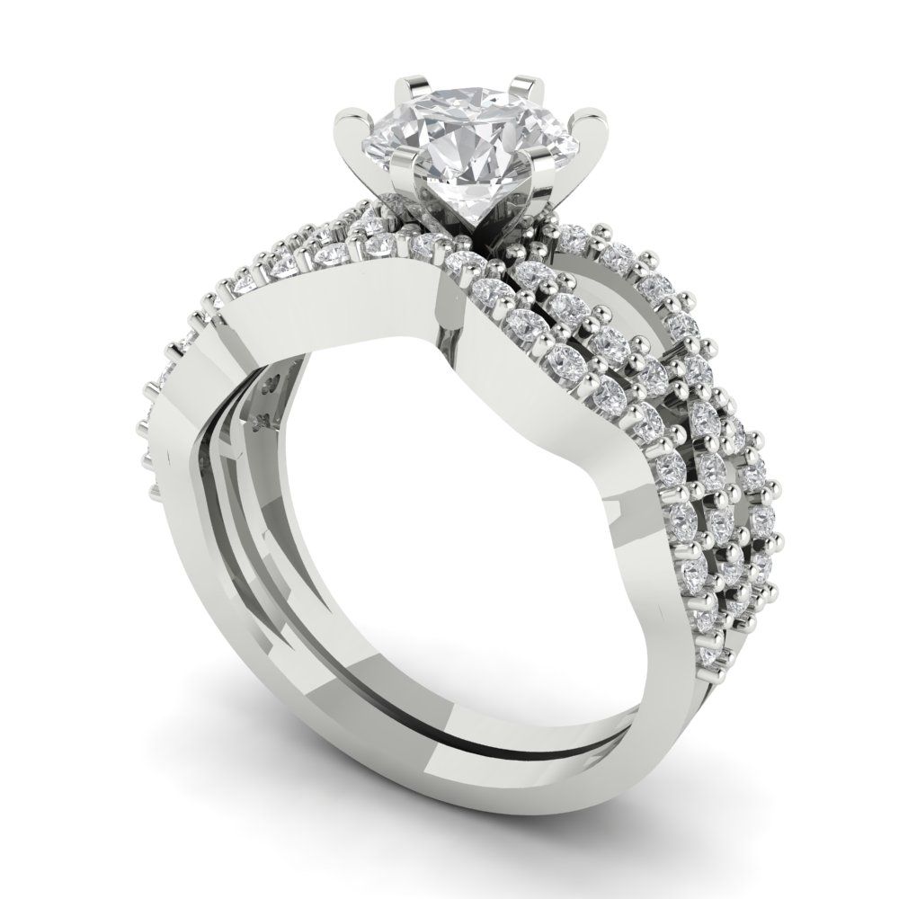 1.57 cttw Round Cut White Sapphire Bridal Set - Solid White Gold  Engagement Ring & Wedding Band