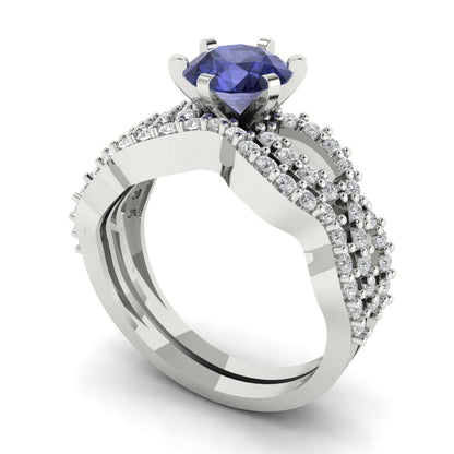 1.57 cttw Round Cut Simulated Tanzanite Bridal Set - Solid White Gold  Engagement Ring & Wedding Band