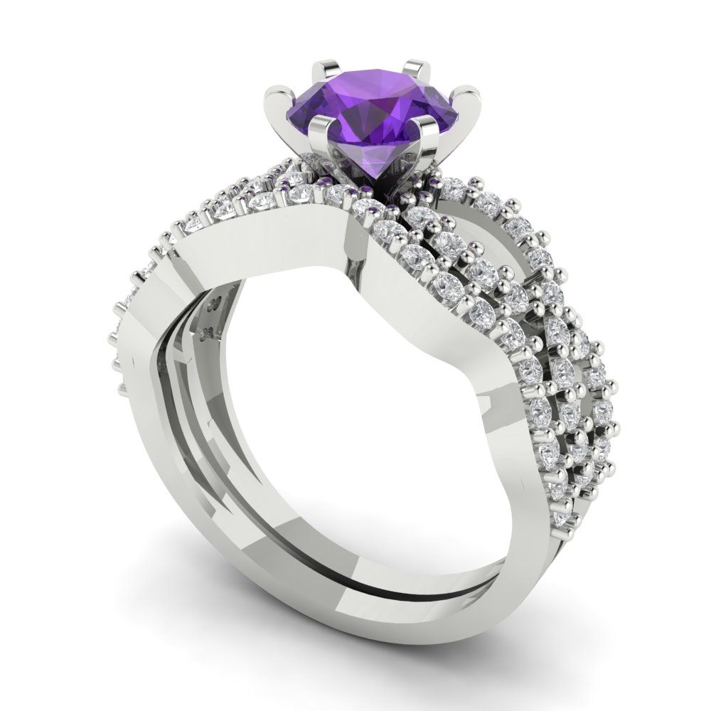 1.57 cttw Round Cut Natural Amethyst Bridal Set - Solid White Gold  Engagement Ring & Wedding Band