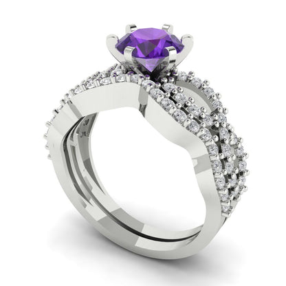 1.57 cttw Round Cut Natural Amethyst Bridal Set - Solid White Gold  Engagement Ring & Wedding Band