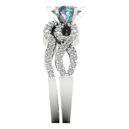 1.57 cttw Round Cut Blue Moissanite Bridal Set - Solid White Gold  Engagement Ring & Wedding Band