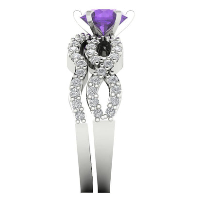 1.57 cttw Round Cut Natural Amethyst Bridal Set - Solid White Gold  Engagement Ring & Wedding Band
