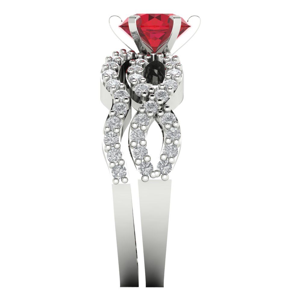 1.57 cttw Round Cut Simulated Ruby Bridal Set - Solid White Gold  Engagement Ring & Wedding Band