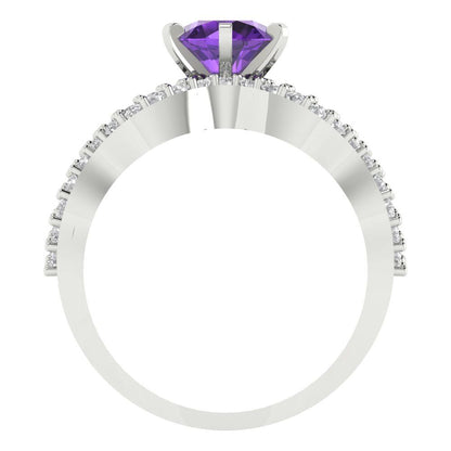 1.57 cttw Round Cut Natural Amethyst Bridal Set - Solid White Gold  Engagement Ring & Wedding Band