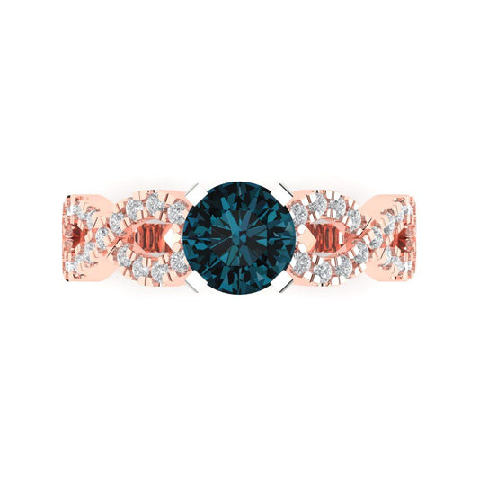 1.42 cttw Natural London Blue Topaz Solitaire with Zirconia Simulated Diamond Accents Engagement Ring - Solid Rose/White Gold (VVS1, Round Cut,6.5mm)