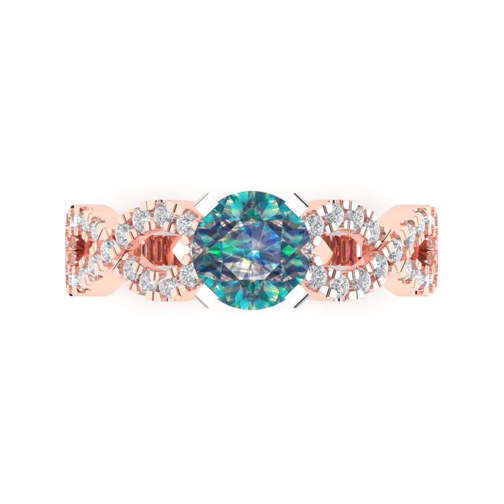 1.42 cttw Blue Moissanite Solitaire with Zirconia Simulated Diamond Accents Engagement Ring - Solid Rose/White Gold (VVS1, Round Cut,6.5mm)