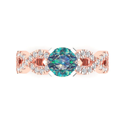 1.42 cttw Blue Moissanite Solitaire with Zirconia Simulated Diamond Accents Engagement Ring - Solid Rose/White Gold (VVS1, Round Cut,6.5mm)