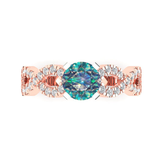 1.42 cttw Blue Moissanite Solitaire with Zirconia Simulated Diamond Accents Engagement Ring - Solid Rose/White Gold (VVS1, Round Cut,6.5mm)